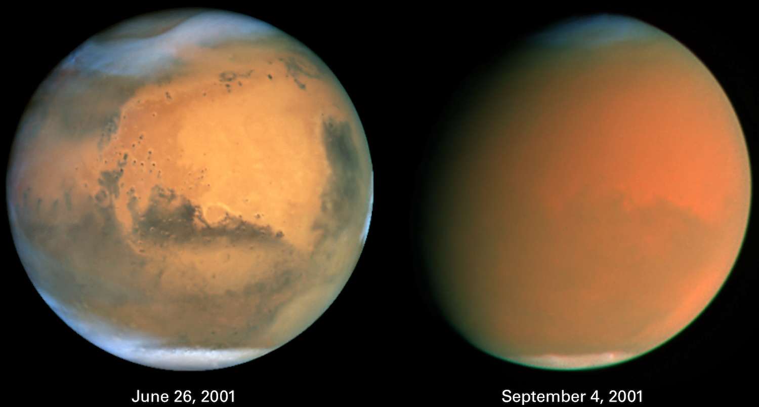 Le télescope spatial Hubble offre ici deux vues de la Planète rouge. On y découvre Mars avant et pendant la grande tempête de poussières de l’été 2001. © Nasa, Wikipedia, DP