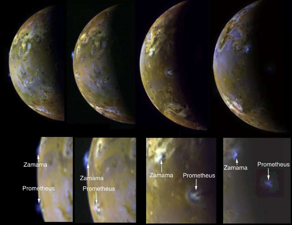 Ces images globales de Io prises par la sonde Galileo montrent clairement son activité éruptive. Deux volcans associés à des paterae, des sortes de caldeira volcanique, sont indiqués. © Nasa, JPL, University of Arizona