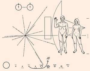 La plaque de Pioneer 10 représente deux êtres humains, un plan du Système Solaire avec la trajectoire de la sonde et un atome d'hydrogène, l'élément le plus répandu dans l'Univers. Carl Sagan espérait que ce message soit trouvé un jour par une civilisation extra-terrestre. Crédits NASA