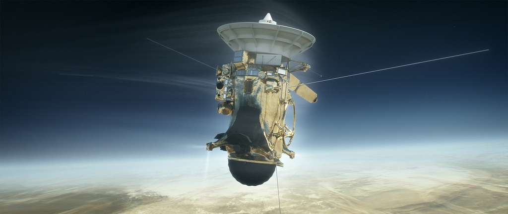 Vue d'artiste de la sonde Cassini lors de son entrée dans l'atmosphère de Saturne à 3.000 kilomètres de la surface de référence, où règne une pression de 1 bar. © Nasa, JPL