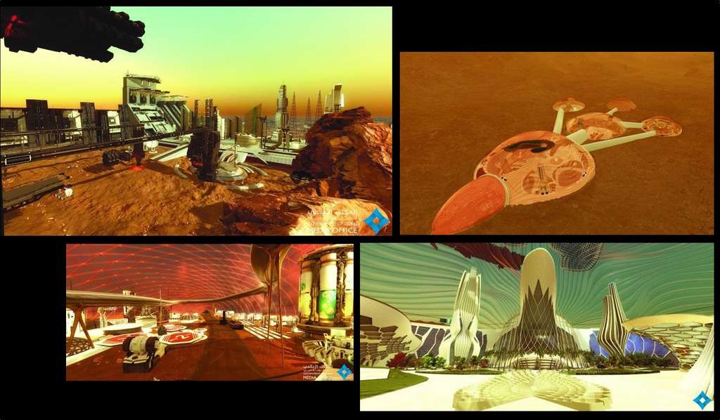 Quatre illustrations du projet Mars 2117. © Dubai Media Office