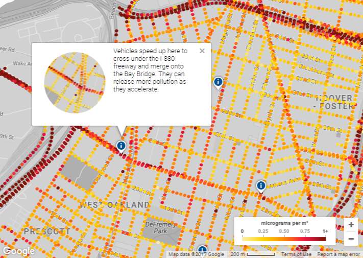 Sur cette capture d’écran extraite de la carte interactive Google Maps sur la pollution atmosphérique dans la ville d’Oakland (Californie), on peut voir, matérialisés par des points de couleurs, les niveaux en microgrammes par mètre cube d’oxyde nitrique (NO), de dioxyde d’azote (NO2) et de noir de carbone. © Google
