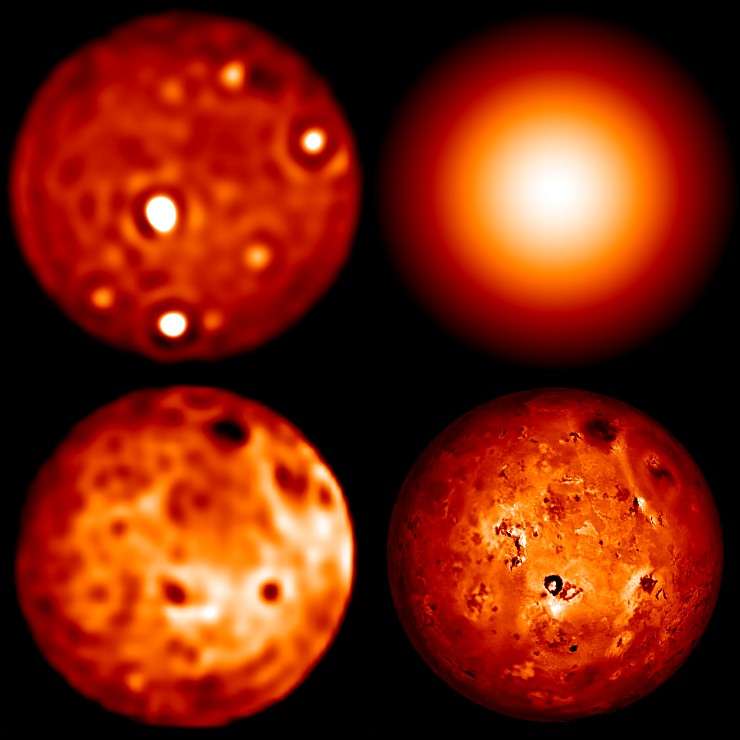 L’image de Io prise en utilisant l’optique adaptative avec le télescope de 10 m du Keck dans la bande spectrale L (en haut à gauche) est dominée par les émissions volcaniques actives des points chauds, tels que celui de Loki, situé près du centre du disque. Une image de Io en haut à droite montre ce que le télescope Keck verrait sans optique adaptative. Dans la bande K (en bas à gauche), et toujours avec l’optique adaptative, les images obtenues au Keck montrent un niveau de détails comparable aux images prises en lumière visible avec la sonde Galileo (en bas à droite). © Keck Observatory