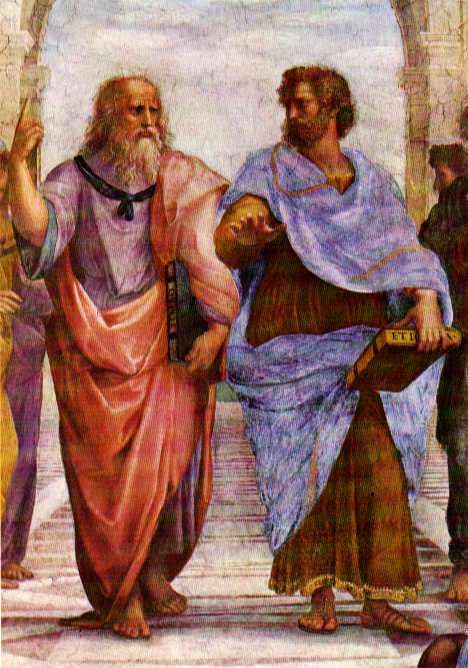 Dans son tableau célèbre, L'école d'Athènes, le peintre Raphaël met en scène les savants philosophes de l'Antiquité. Sur ce détail on peut voir Platon à gauche et Aristote à droite. Platon, avec le visage de Léonard de Vinci, montre le ciel, indiquant par là que la connaissance prend ses racines dans le monde des idées (le Timée est visible dans sa main gauche). À l'inverse, Aristote montre le sol et donc l'expérience comme source de la connaissance. Il tient son ouvrage sur l'éthique dans sa main gauche. © abyss.uoregon.edu