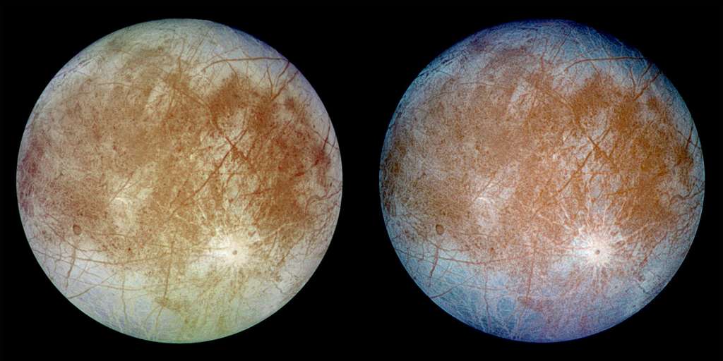Europe, une lune de Jupiter, vue par la sonde Galileo de la Nasa en septembre 1996. Cette sonde est la seule à avoir survolé ce satellite à plusieurs reprises. L'image de gauche montre les couleurs qui s'approchent le plus de la réalité. © Nasa