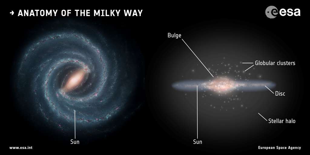 Deux schémas montrant la structure de la Voie lactée, une spirale barrée de 100.000 années-lumière de diamètre avec des amas globulaires (globular clusters), le Soleil (sun) et des vieilles étoiles dans son halo et son bulbe (bulge). © Esa