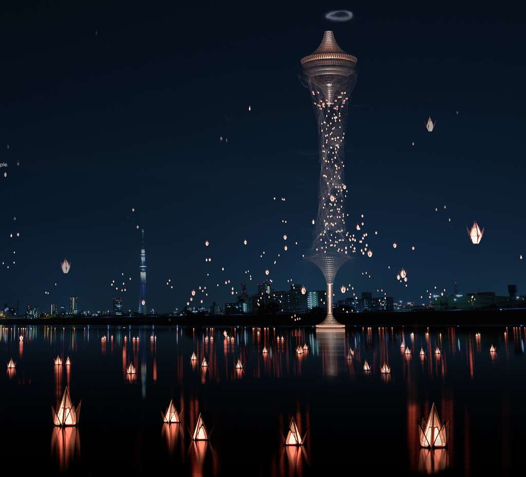 Ce gratte-ciel virtuel est constitué de lanternes volantes contenant l’urne des défunts. © Yassin Nour Al-tubor, Fawzi Bata, Boran Al-Amro, Yazeed Balqar, eVolo