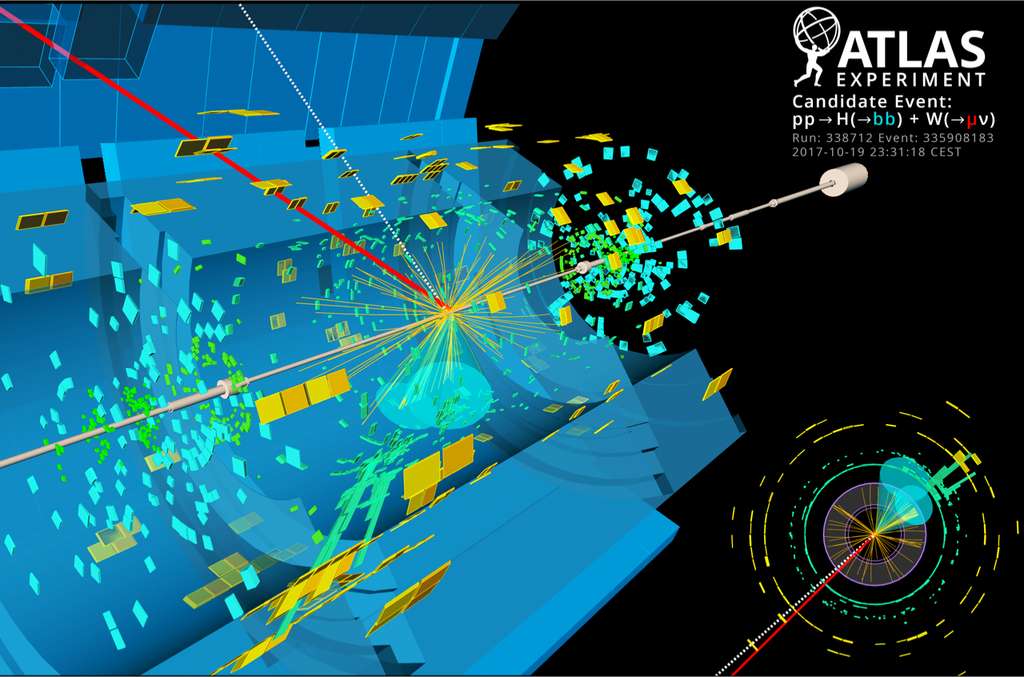 Évènement candidat enregistré par Atlas pour une désintégration du boson de Higgs (H) en deux quarks b, associée à une désintégration d’un boson W en un muon (µ) et un neutrino (ν). © ATLAS/CERN