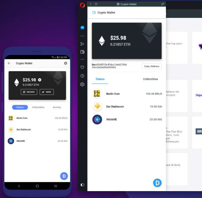 The Crypto wallet of the browser synchronizes with the application for Android.  Â© Opera