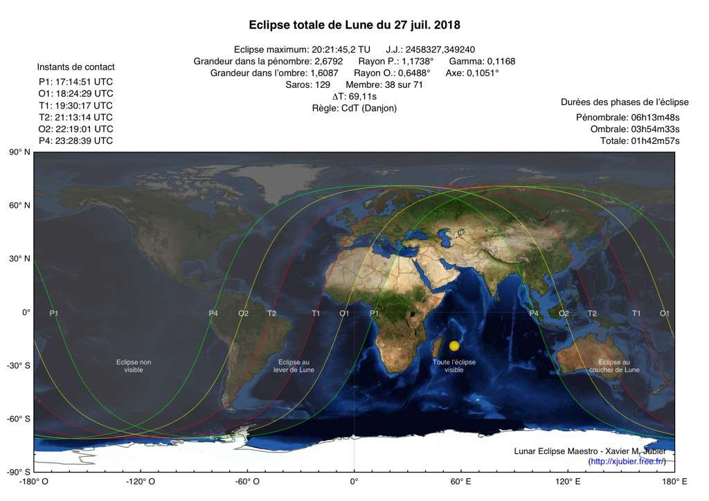 Carte de la visibilité de l’éclipse totale de la Lune du 27 juillet 2018. © Xavier Jubier