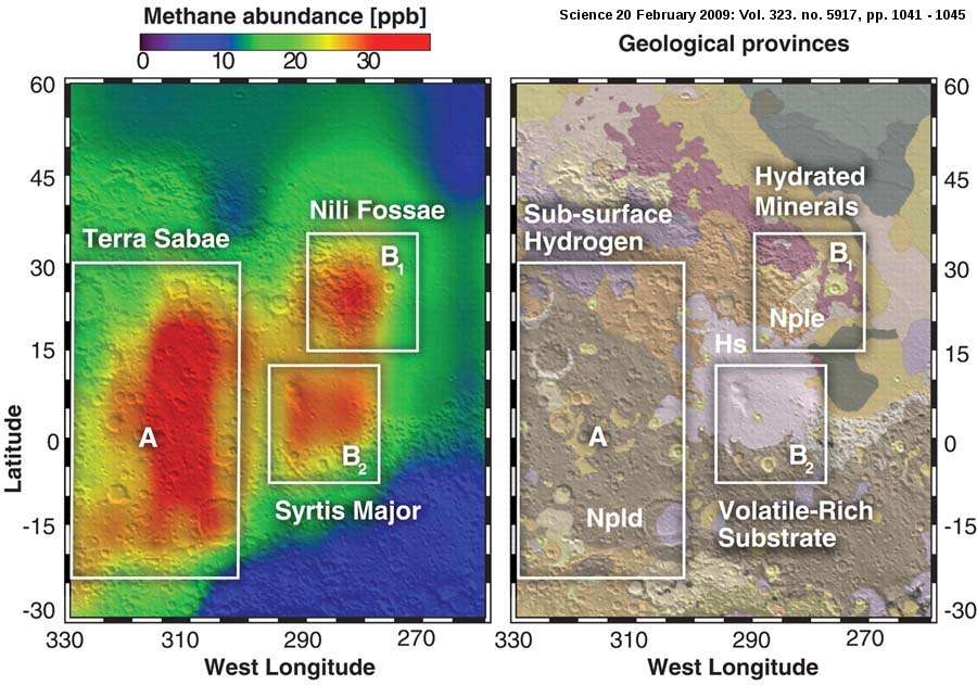 À gauche, il s'agit d'une carte des teneurs en méthane superposée à une carte topographique. À droite, on peut voir une carte géologique (Greeley et Guest, 1987) avec la localisation des trois panaches et le report des caractéristiques chimiques déterminées par Mars Odyssey et MRO vis-à-vis des composés volatils. Npld et Nple indiquent un âge noachien pour les terrains (> 3,6 Ga, milliards d'années). Le volcan Syrtis major est d'âge hespérien (Hs, âge compris entre 3,1 et 3,6 Ga). © Pierre Thomas-Mumma et al., 2009, Science