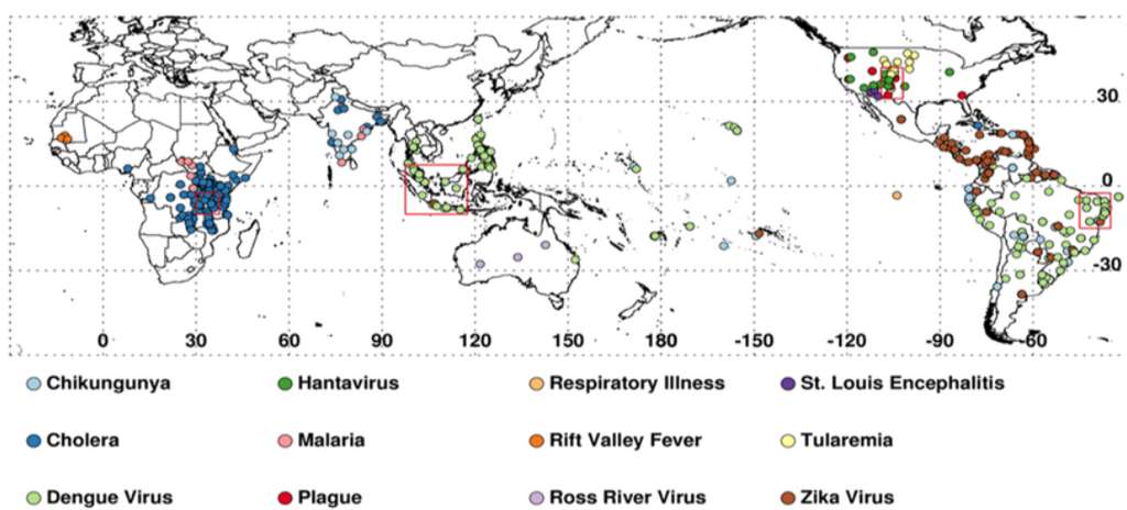 Émergence de plusieurs maladies épidémiques à travers le globe durant le phénomène El Niño de 2015-2016. Les quatre cas étudiés en détails (États-Unis, Afrique de l'Est, Brésil et Asie du Sud-Est) sont encadrés en rouge. © Assaf Anyamba et al., Nature Scientific Reports, 2019