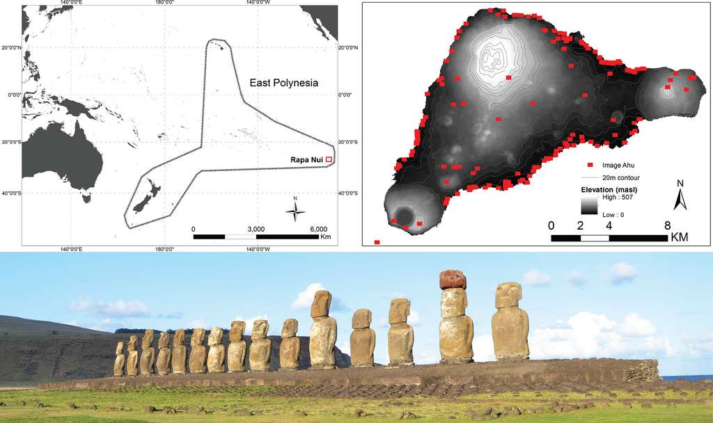 En haut, à gauche, est indiquée la position de l'Île de Pâques, ou Rapa Nui, en Polynésie. À droite, les points rouges correspondent aux ahu. Seuls, 93 d'entre eux ont été inclus dans cette étude. En bas, Ahu Tongariki, le plus grand ahu de l'île, surmonté de 15 statues. © Robert DiNapoli et al., Plos One, 2019