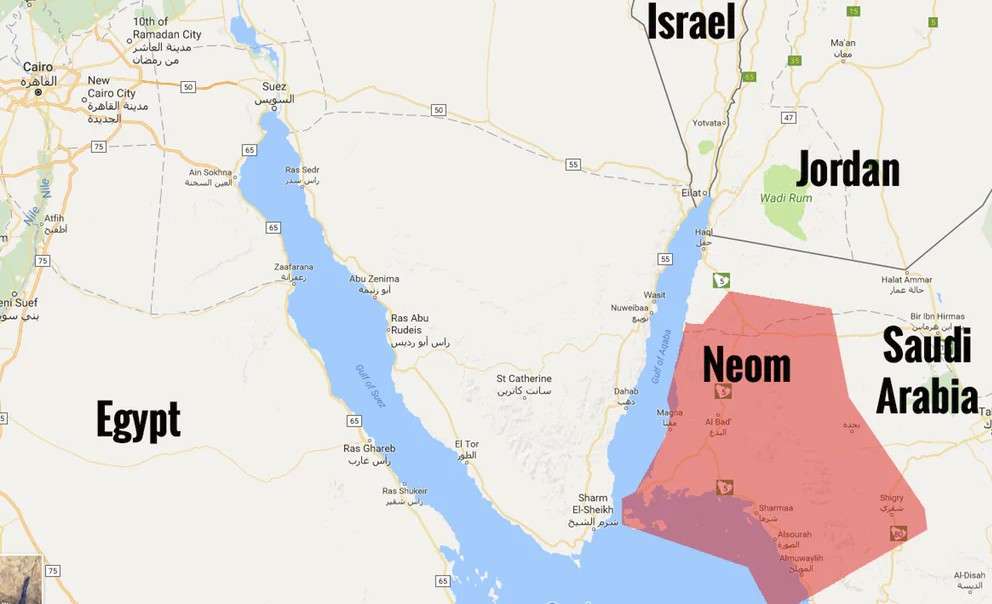 La zone en rouge montre le projet initial pour la mégapole Neom implantée en Arabie saoudite. Mais à terme, il est prévu qu’elle s’étende aux rives de l’Égypte et de la Jordanie dans le golfe d'Aqaba.© Google Maps