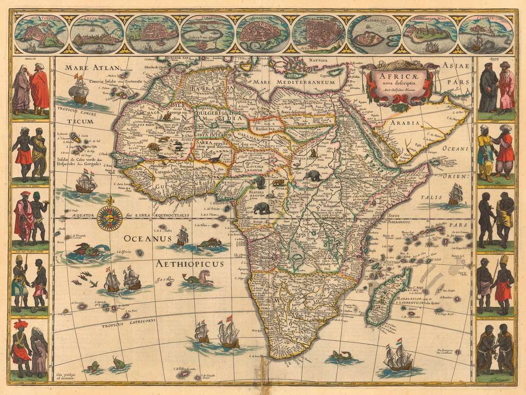 Carte de l'Afrique dessinée par Willem Blaeu, édition colorisée de 1644. Exemplaire de 1638 à la Bibliothèque nationale de France. © Wikimedia Commons, domaine public