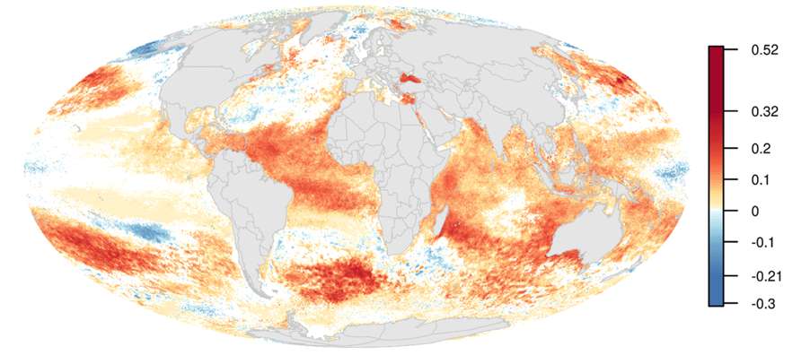 Les variations annuelles de l'impact global de l'Homme sur les océans entre 2003 et 2013. Parmi les aspects les plus marquants : une augmentation spectaculaire des températures en un laps de temps relativement court. © magdal3na, Fotolia