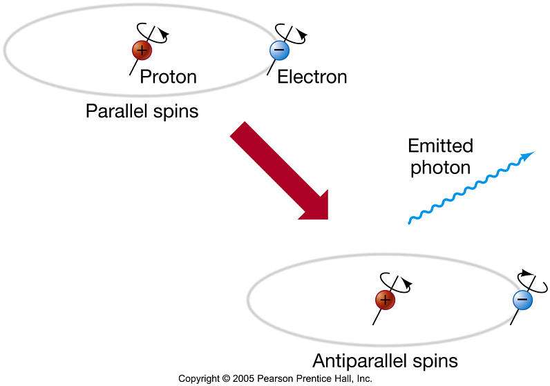 Tous les 10 millions d'années en moyenne, le spin d'un électron bascule relativement à celui du proton dans un atome d'hydrogène et un photon de longueur d'onde de 21 cm est émis. © Pearson Prentice Hall, Inc