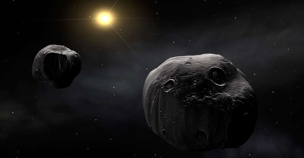 Vue d'artiste du double astéroïde 90 Antiope, dans notre Système solaire. © Eso, CC by 4.0