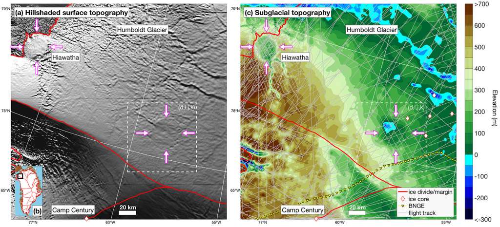 Le cratère de Hiawatha et le deuxième cratère découvert au nord-ouest du Groenland apparaissent sur les images topographiques de la surface, à gauche, et du relief subglaciaire. © Joseph A. MacGregor et al., Geophysical Research Letters, 2019