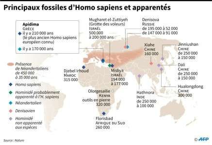Carte figurant les lieux où ont été trouvés les principaux fossiles d'hominidés. © AFP