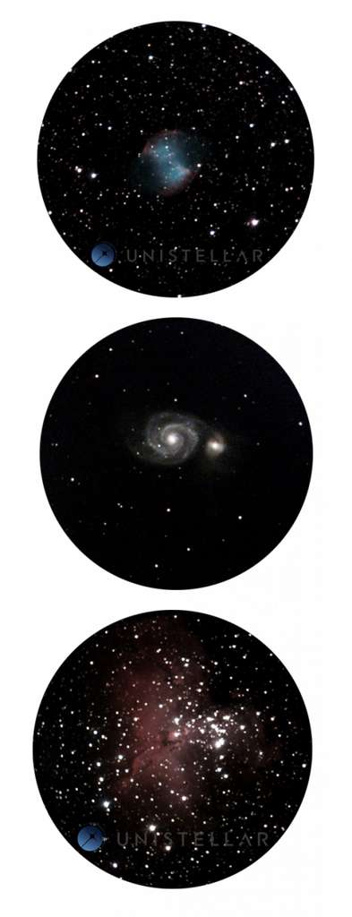 De haut en bas, la nébuleuse de l'Haltère, la galaxie du Tourbillon et la nébuleuse de l'Aigle, observées avec le télescope d’Unistellar à l’observatoire des Baronnies Provençales, en France. © Unistellar