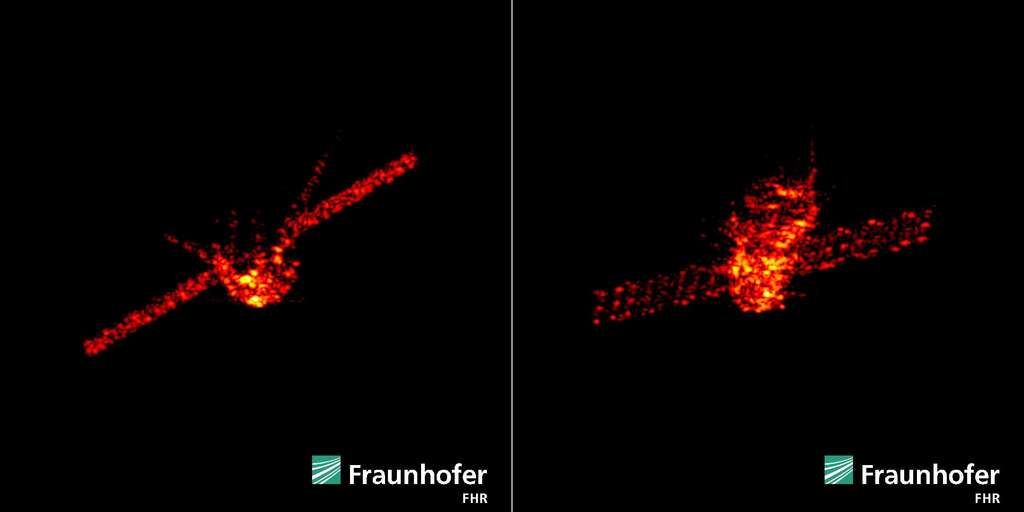 Images radar de Tiangong-1 capturées par le système Tira (Tracking and Imaging Radar) installé sur une antenne parabolique de 34 mètres. La station spatiale, dont le corps et les panneaux solaires sont bien visibles, était alors à 270 kilomètres d’altitude. © Fraunhofer FHR