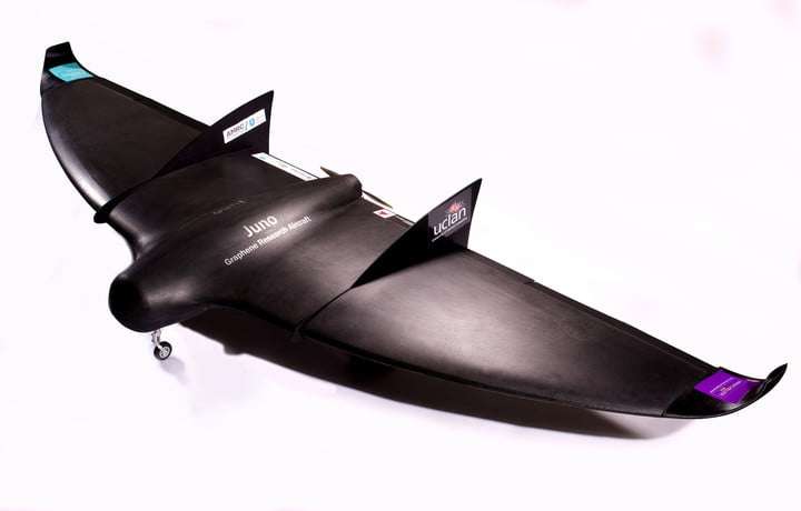 Revêtue de graphène, cette aile volante de 3,5 mètres d’envergure transporte également des batteries enfermant ce matériau un peu magique. En plus d’alléger considérablement la masse de l’aéronef, le graphène empêche la constitution de glace sur les ailes en altitude. © UCLan