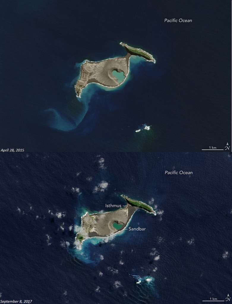 La transformation de HTHH se manifeste sur ces deux images prises respectivement le 28 avril 2015 et le 8 septembre 2017 par le satellite Landsat 8 de la Nasa et de l'USGS. Le cône volcanique mesure près de 120 m de haut et s'étale sur environ 1 km d'ouest en est. Un isthme le relie à sa voisine Hunga Tonga. Un banc de sable a refermé le lac de cratère du côté sud. © Nasa Earth Observatory/Jesse Allen/Landsat U.S. Geological Survey