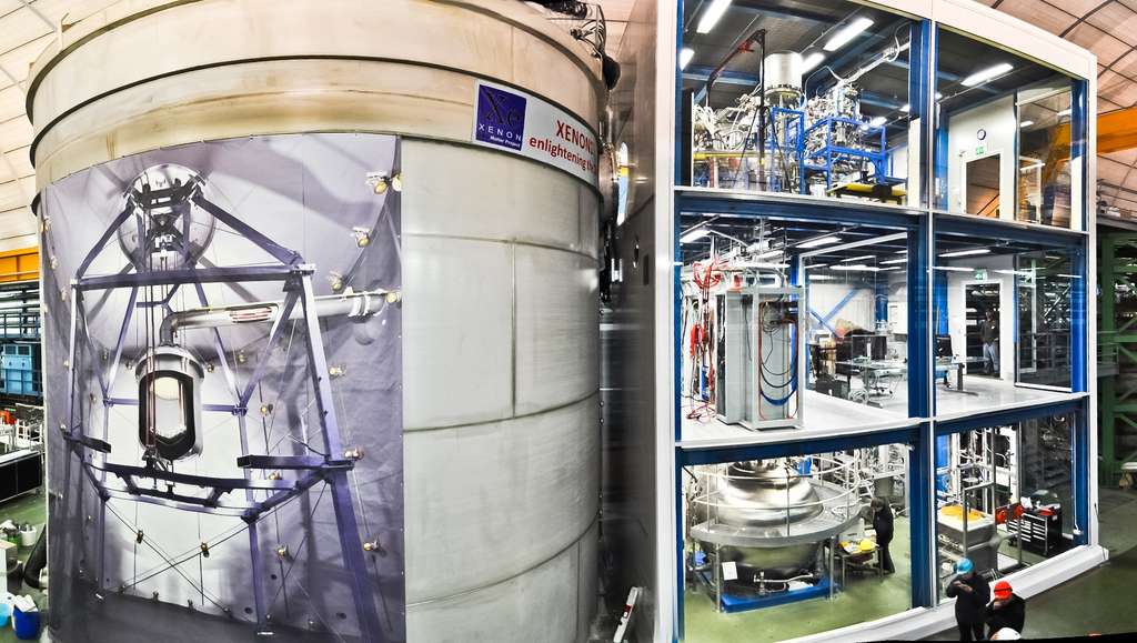 Xenon 1T, une cuve de 1.300 kilogrammes de xénon liquide ultra-pur protégé des rayonnements cosmiques dans un cryostat immergé dans l’eau et surplombé de 1.500 mètres de montagnes. © Xenon Collaboration