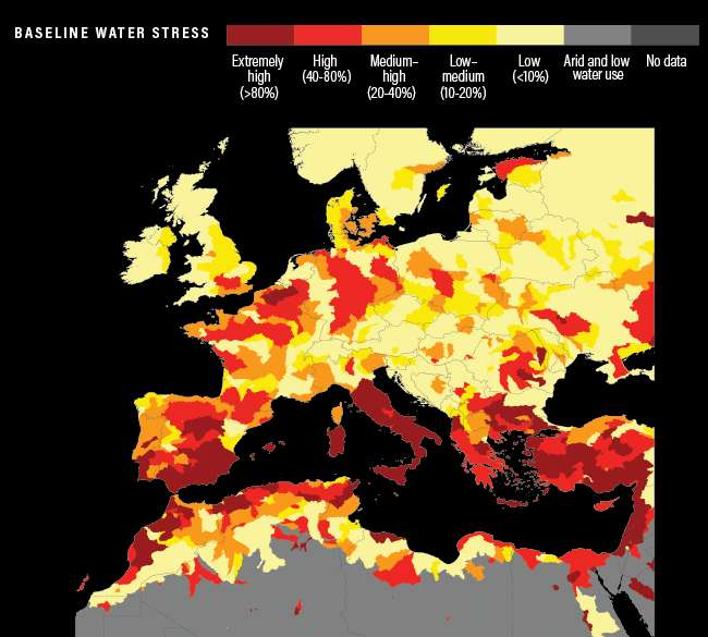Cette carte montre l’état de la pénurie hydrique en Europe et au nord de l’Afrique. © World Resources Institute