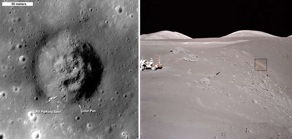 Sur la gauche, le cratère Shorty, vu par LRO, a été visité par les astronautes d'Apollo 17. La photo de droite a été prise du point marqué Color Pan sur l'image de gauche, dans laquelle le rover lunaire (LRV) est représenté par une flèche blanche unique. Les doubles flèches blanches de cette image et, sur celle de droite, le mot trench désignent l'endroit où le fameux sol orange a été découvert. Ce cratère d'impact a environ 19 millions d'années. © Nasa