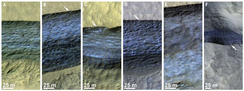 D’autres falaises observées par MRO où les empilements de glace sont visibles. © Nasa, JPL-Caltech, UA, USGS, Colin M. Dundas et al.