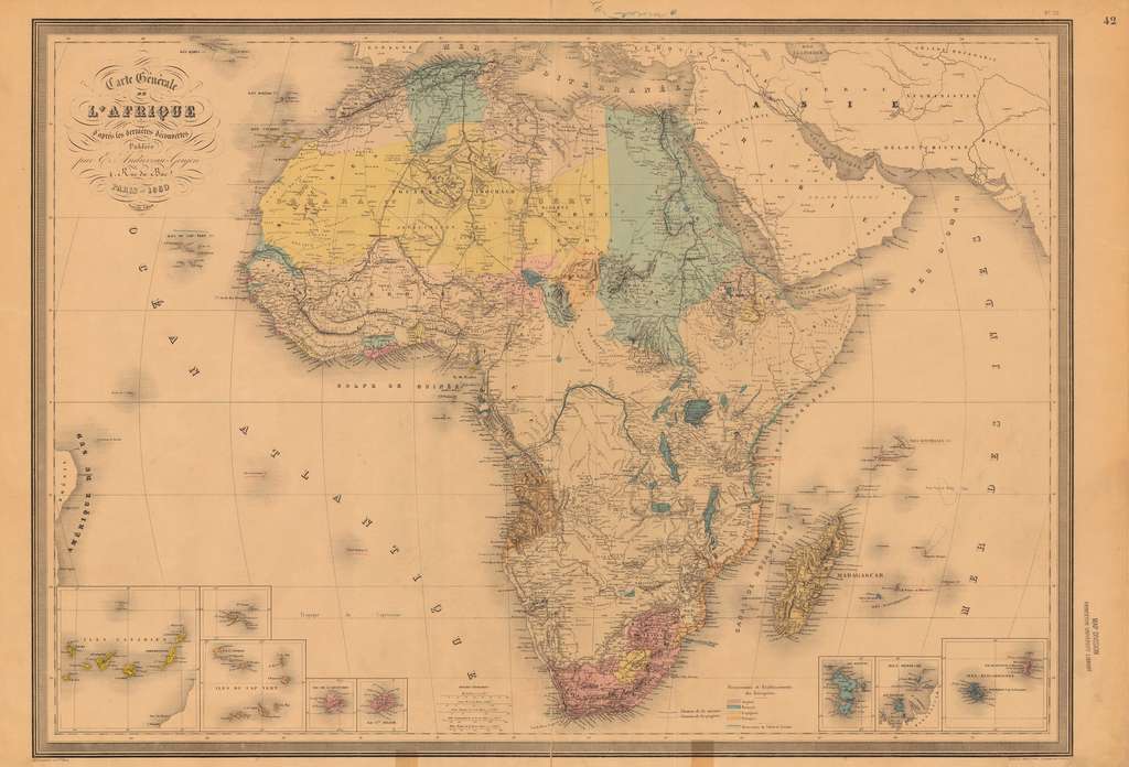 « Carte générale de l'Afrique d'après les dernières découvertes », dessinée par Georges Andriveau Goujon en 1880. Bibliothèque de l'université de Princeton, département des cartes. © Wikimedia Commons, domaine public