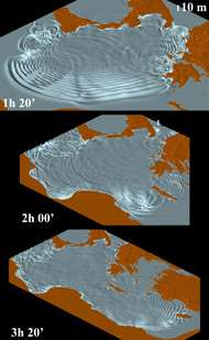 Simulée par l'équipe italienne, l'éruption de l'Etna aurait généré, par glissements de terrain interposés, d'énormes vagues à même de dévaster les côtes de tout le bassin oriental de la Méditerranée. Crédit : Maria Pareschi et al., Geophysical Research Letters (2006)