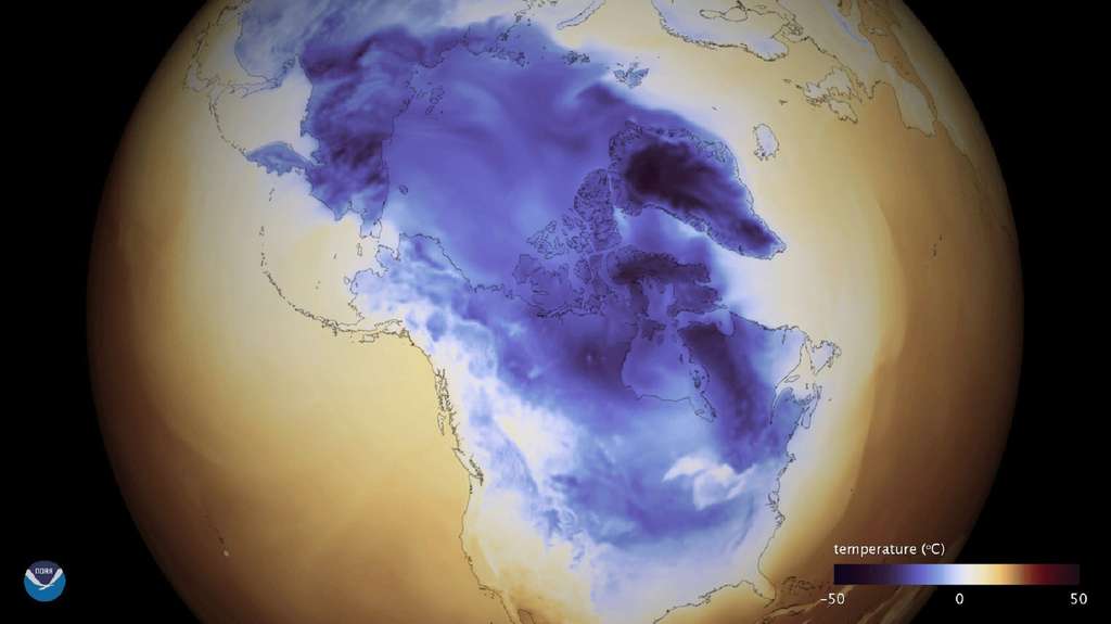 La vague de froid descendant de l’Arctique sur l’Amérique du Nord. Des études suggèrent que le changement climatique affaiblit le jet-stream ce qui fait plonger l’air arctique vers le sud. © NOAA