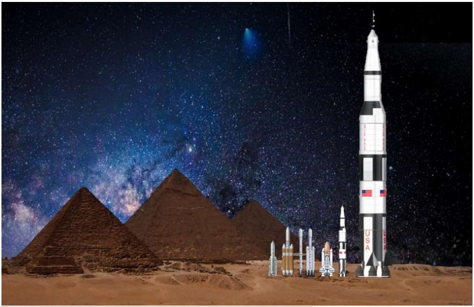 Par comparaison, de gauche à droite : les pyramides de Gizeh (environ 150 m de haut) ; Ariane 5 ; le Delta Heavy ; le Falcon 9 ; le Falcon Heavy ; la navette spatiale américaine ; Saturne V ; et enfin, la fusée géante de 400.000 tonnes que des extraterrestres devraient construire pour décoller d’une superterre comme Kepler-20 b. © Michael Hippke, 2018, arXiv