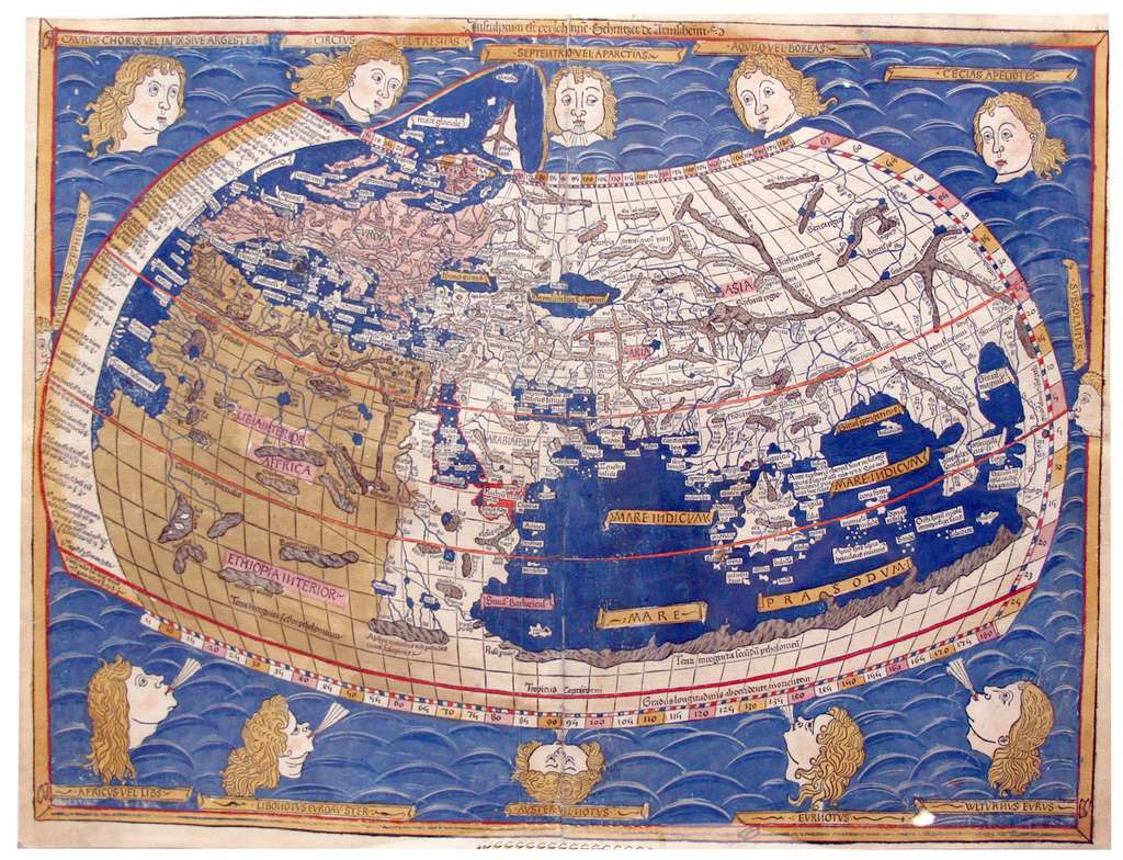 Représentation du monde, carte datée de 1482, d'après le traité « Geographia » ou « Cosmographia » de Ptolémée rédigé vers 150. On aperçoit le continent africain à gauche du planisphère en brun clair. © Wikimedia Commons, domaine public