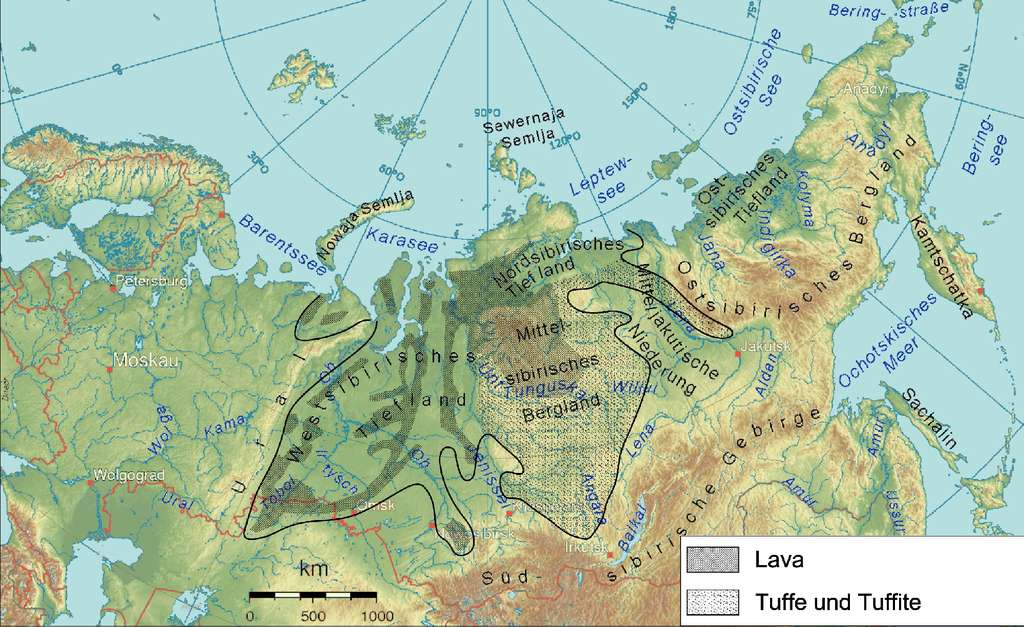 L'extension des trapps de Sibérie, s'étendant sur environ deux millions de kilomètres carrés. La carte (légendée en allemand) montre les régions où affleurent la lave (Lava), le tuf et les tuffites (Tuffe und Tuffite). © Jo Weber, CC by-nc-sa 3.0